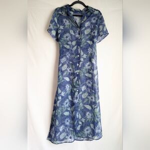 90s Sheer Blue Floral Midi Dress Cottagecore Button Front Tie Waist Vintage S/M
